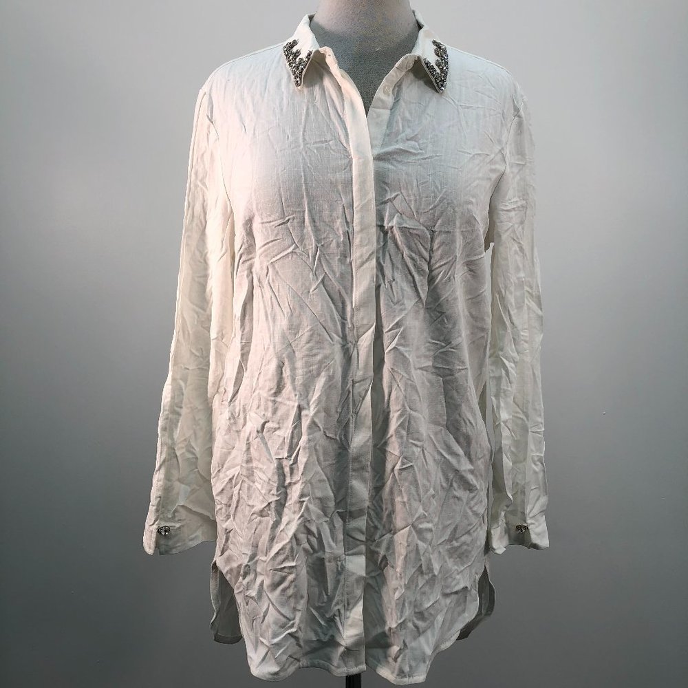 NWT MNG White Button Down Jeweled Collar Blouse